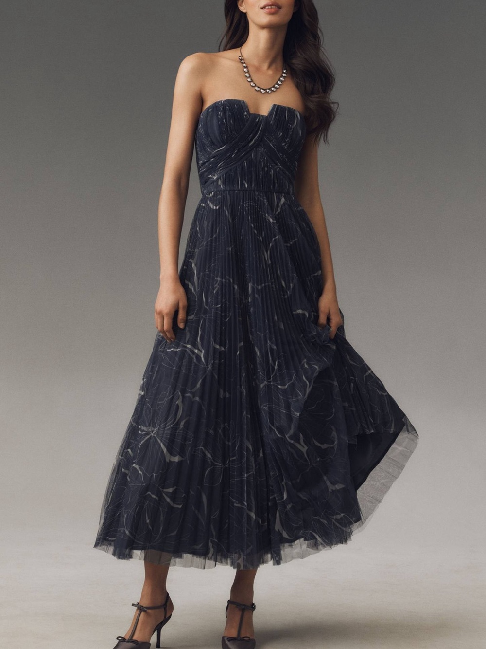 NWT Hutch Corene Strapless Floral Pleated Tulle A-line Midi Dress Size 8
